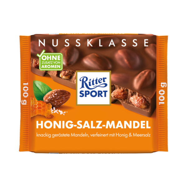 Ritter Sport Nuss-Klasse Honig-Salz-Mandel, Vollmilchschokolade, 100g Tafel Ritter Sport Nuss-Klasse Honig-Salz-Mandel, 100 g, Vorderseite der Verpackung mit ganzen Mandeln, Honig und Meersalz